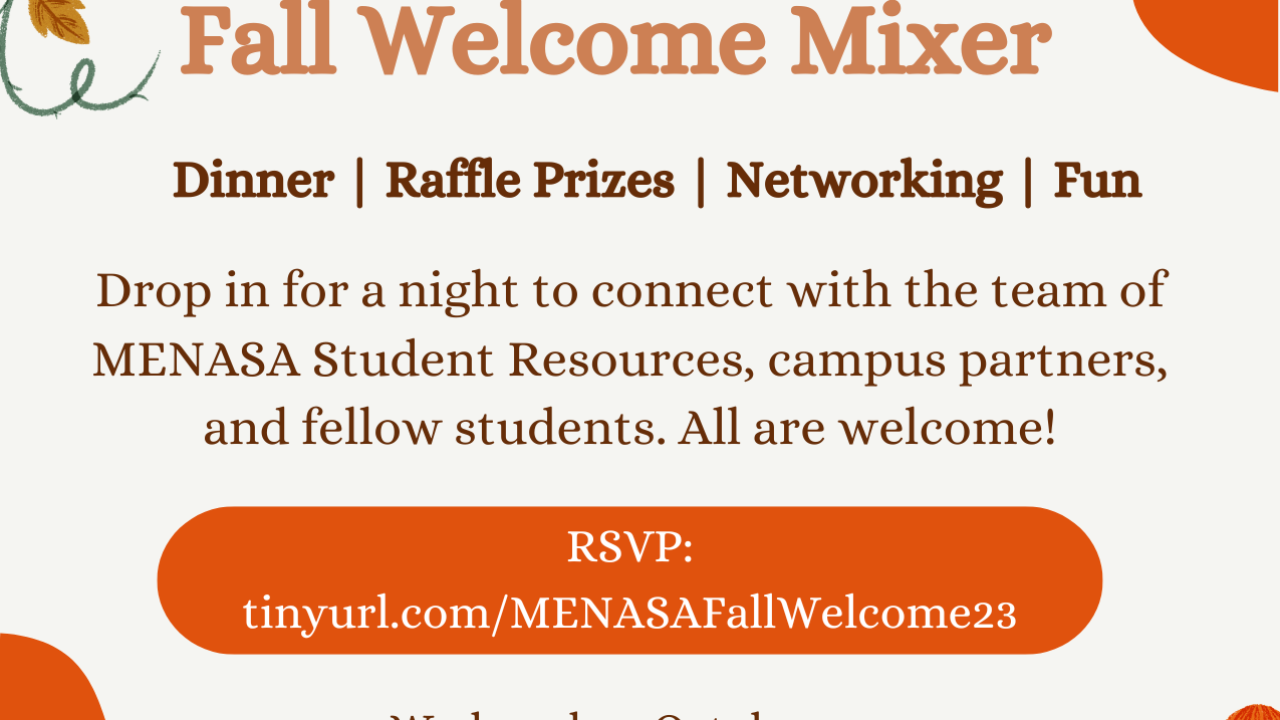 Fall Welcome Mixer flyer with orange and leafy decorative corners