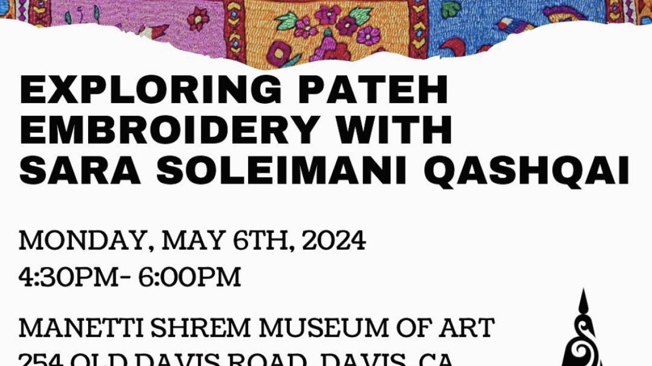 A white background with embroidery on the upper one-third of the flyer. The flyer describes the location and time of the event which can be found in the description