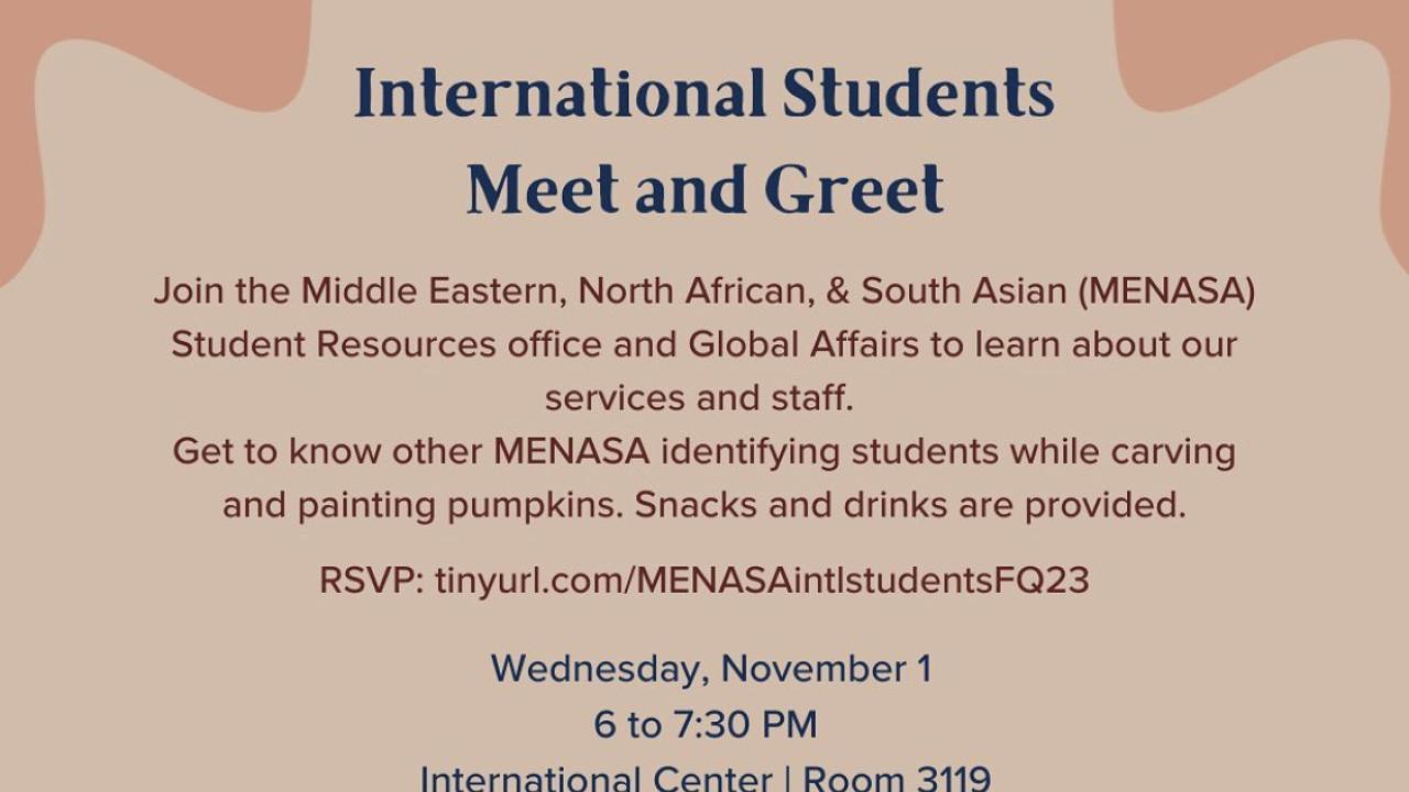 International Students Meet and Greet Flyer with pumpkins at the bottom border