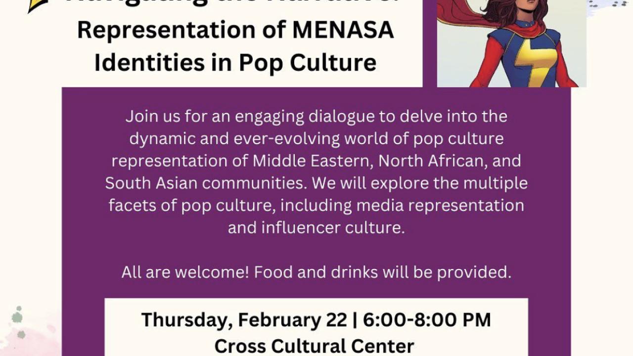 Flyer with a superhero in the top right corner, and two people conversing in the bottom right corner