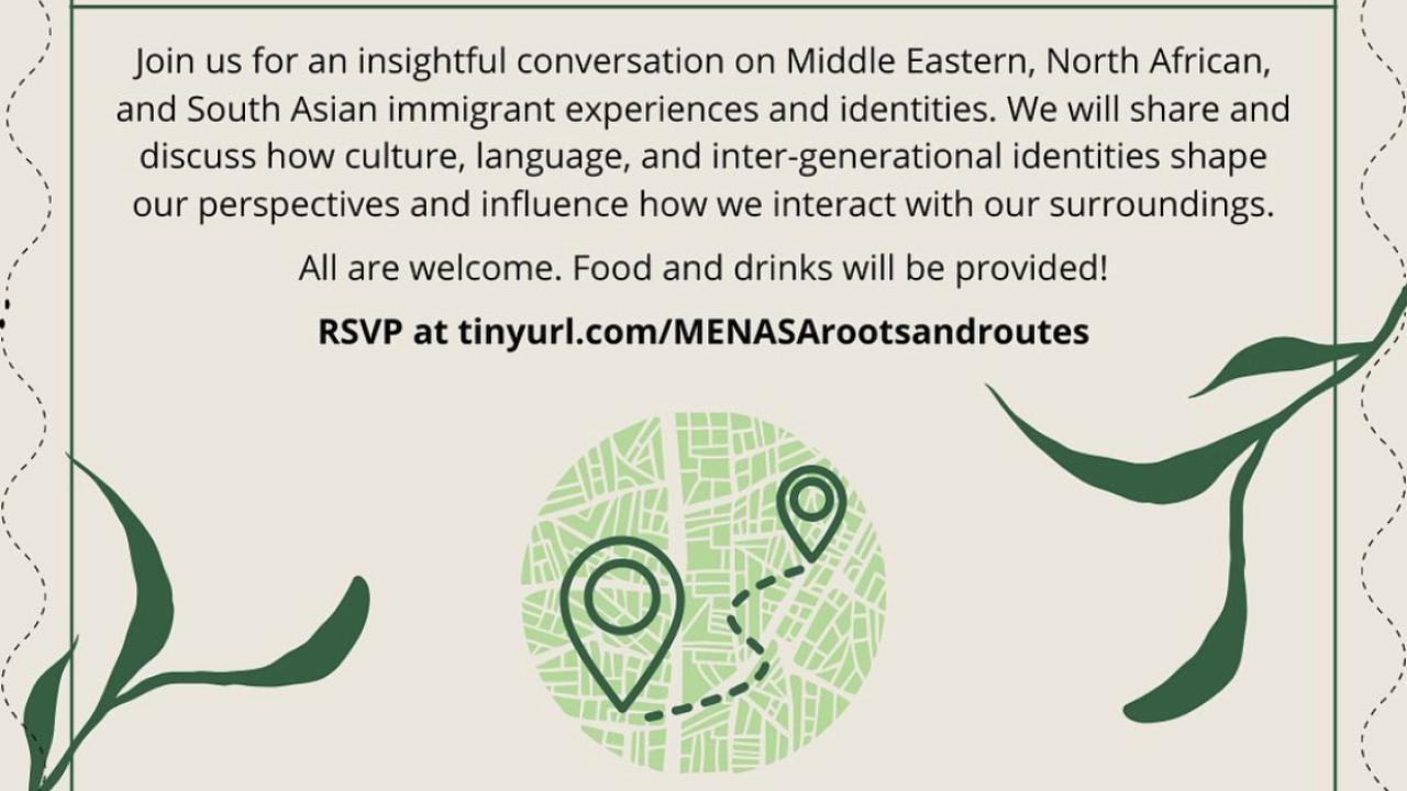 Flyer with a description of the event, and decorative leaves, and a green map marker graphic in the center