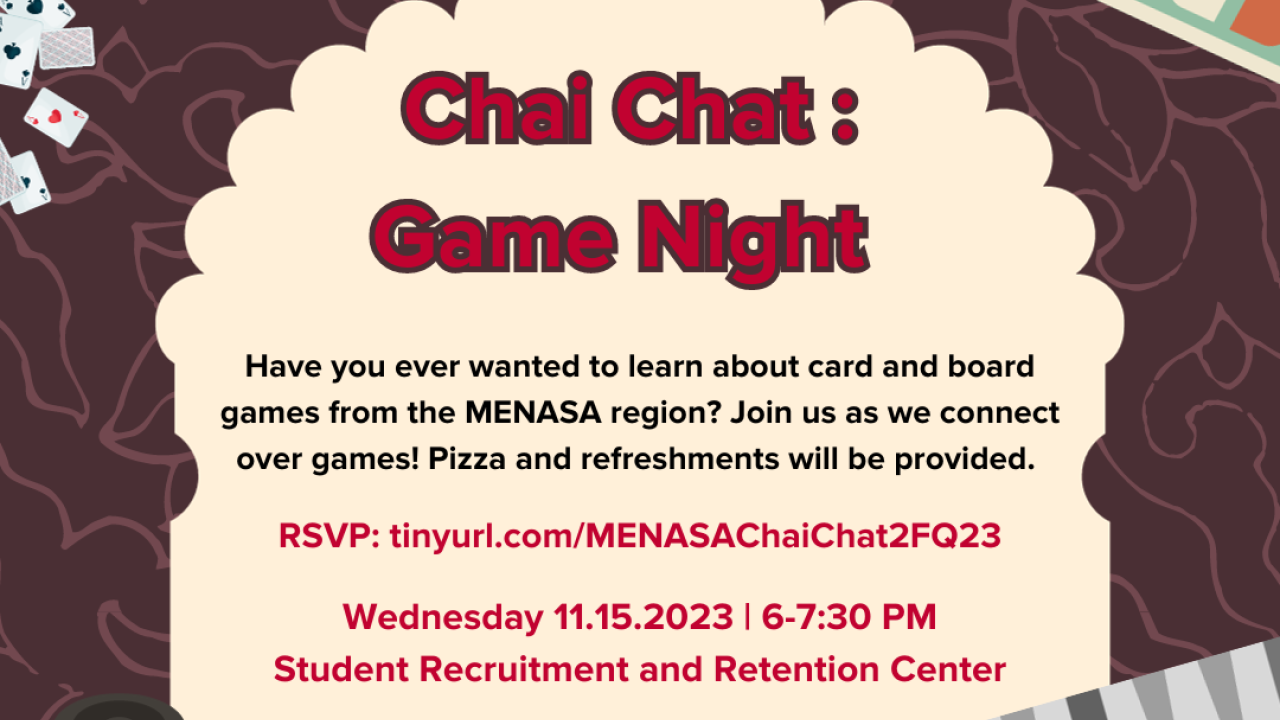 Chai Chat: Game Night flyer. Includes invitation to attend the event with an rsvp link